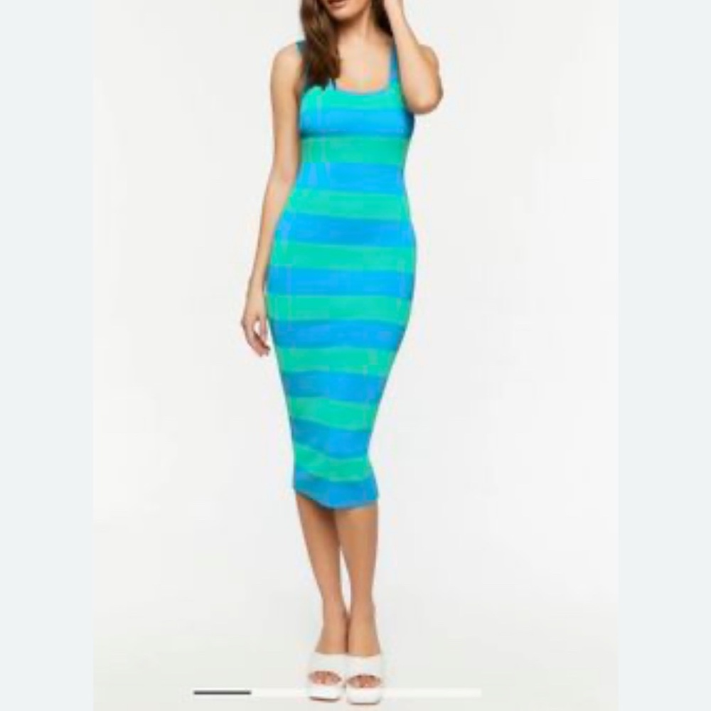 Blue and Green Striped Midi Dress